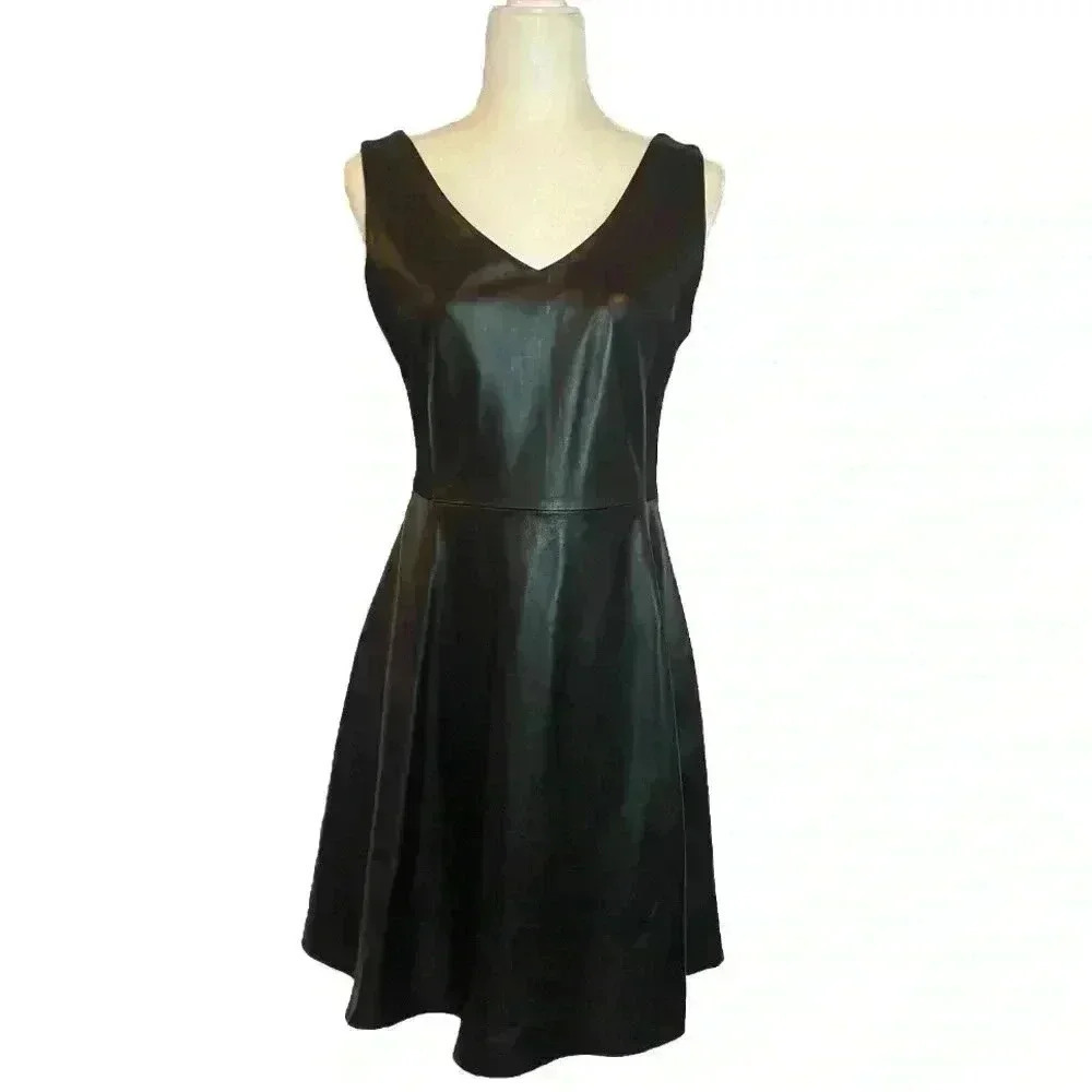 Lou Andrea Black Leather Dress V Neck Fit & Flare Short Mini Soft Lamb 40 M 8
